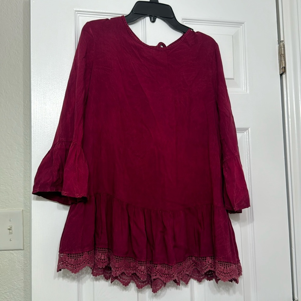 New Altar'd State Peasant Top small Red Crochet Boho Blouse 3/4 sleeve oversized